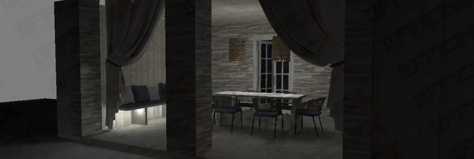 disegno in tre dimensioni di patio al mare con sedie e tavolo in pietra